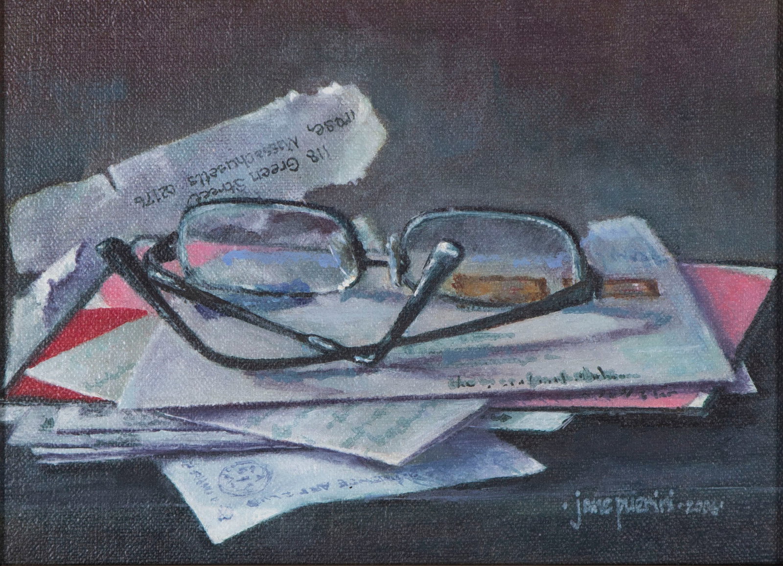 Jane Puerini (20 th 21 st Century) Rhode Island: HAVE YOU SEEN MY GLASSES, acrylic painting on canvas, signed lower right, 6 x 8”, frame 7 ½ x 9 ½”. Provenance: Argosy Gallery Bar Harbor Maine paid $650 in 2006 with receipt