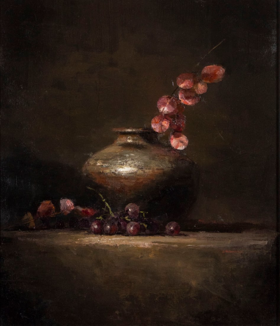 Lindy Schillaci (b. 1959) Texas: STILL LIFE WITH CHERRIES, oil painting on board, signed lower right, 15 x 13”, frame 23 x 21”. Provenance: Wendt Gallery Laguna Beach paid $4000. in 2006 with receipt and illustrated exhib