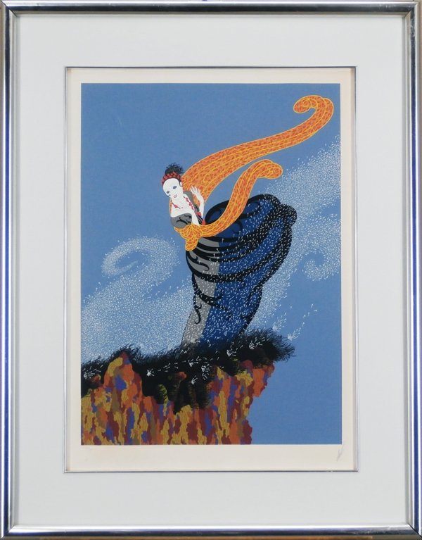 Romaine De Tirtoff aka Erte (1892-1990) Russian: SUMMER BREEZE (L. Vol. I. pg.123), 1978, color screenprint, signed in pencil, from the numbered edition 300, image 26 ½ x 19”, full margins, Circle blind stamp lower left, framed, cockling, some fo
