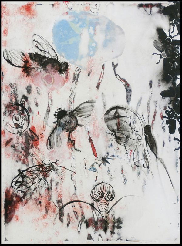 Merion Estes (20th/ 21st Century) Californian: TAIL SPIN, 2000, acrylic painting and mixed media on paper mounted to wood, signed and titled and dated on verso, 31 x 23 ½” very good studio condition.