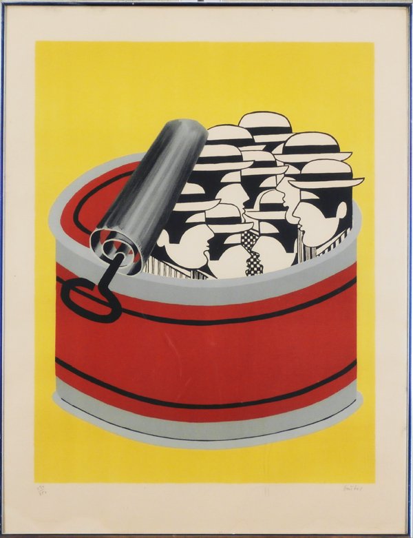 Yannis Gaitis (1923-1984) Greek: MEN IN CAN, color lithograph, signed in pencil, from the numbered edition 250, image 25 ½ x 19 ¾”, full margins, framed with glass, some mild toning, some pale tide line stains lower margins, a fe