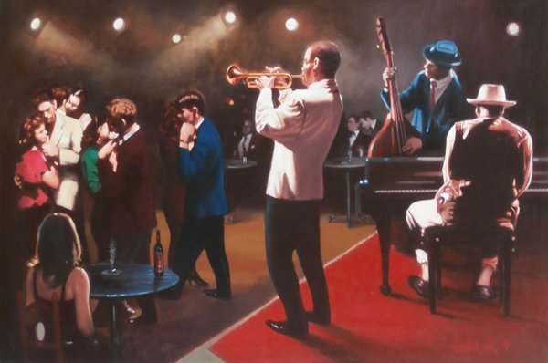 M. P. Gerald (20th/ 21st Century) American: JAZZ MUSICIANS, acrylic painting on canvas, signed lower right, 24 x 36”, a few minor surface scuffs, otherwise in good condition.
