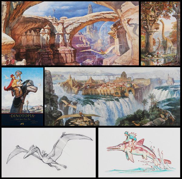 James Gurney (b. 1958), Frank McCarthy (1924-2002) & Bo: James Gurney, DREAM CANYON; WATERFALL CITY; SKY RIDER; MORNING IN TREETOWN; DINOTOPIA; SEASIDE ROMP, 1990-1992, six color prints, each signed in pencil or ink, two with original pencil drawing in the