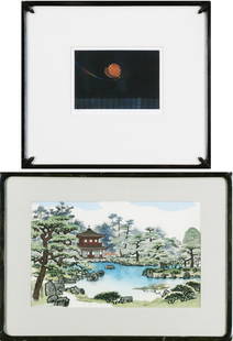 Nisaburo Ito (1910-1988) & Nobuo Satoh (1926-2005) Japa: Nisaburo Ito, GARDEN IN SILVER PAVILION, color woodblock print, signature stamp and seal lower left, sight 10 ½ x 15 ¾”, in apparently very good condition; Together with Nobuo Satoh, BUTTERFLY