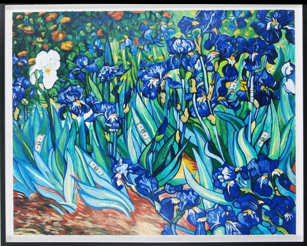 Mark Kostabi (b. 1960) American: VAN GOUGH IRIS MONEY, 1991, color screenprint, signed in gold ink, from the numbered edition 150, sheet 38 x 48”, framed, in apparently very good condition.