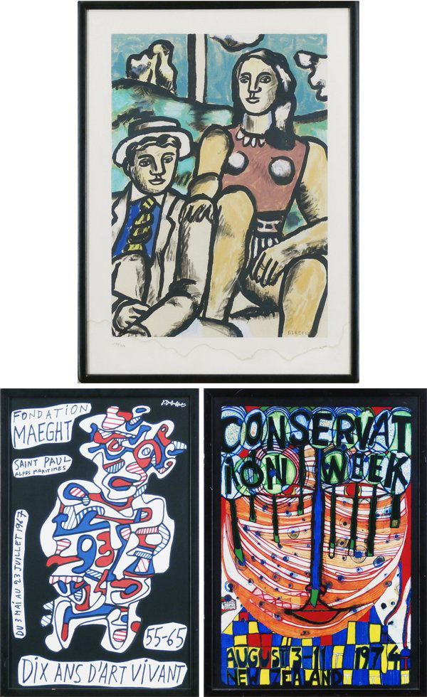 after Fernand Leger (1881-1955), Jean Dubuffet (1902-19: after Fernand Leger, COUPLE, color lithograph, stamp signature, from the numbered edition 350, image 21 x 16 ½”, full margins, Leger Museum blind stamp lower right, framed with glass, some toning,
