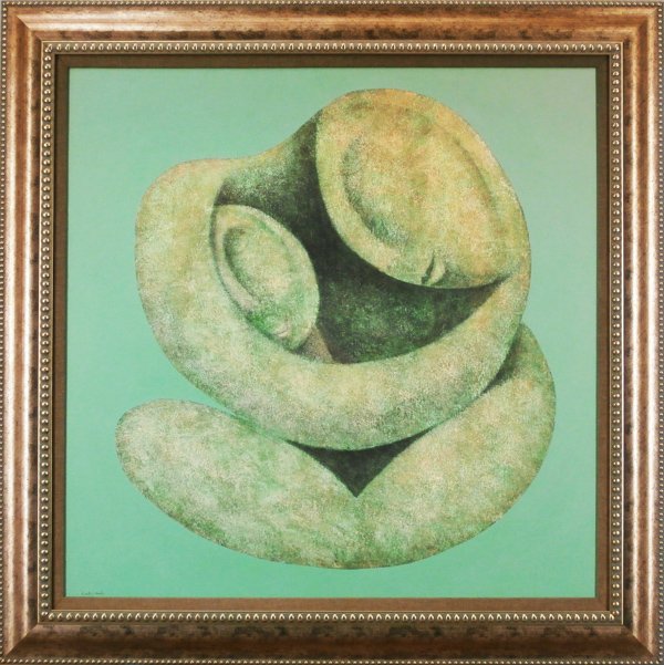 Carlos Leon (b. 1948) Spanish: THE EMBRACE, acrylic painting on canvas, signed lower left, 36 x 36”, framed, in very good condition.