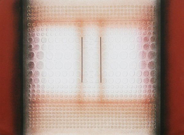 Paul Maxwell (b. 1925) American: UNTITLED, color intaglio print, signed in pencil, from the numbered edition 100, sheet 30 x 40 ¼”, hinged to ragboard, creases lower left and upper right corners, otherwise in very good condition.