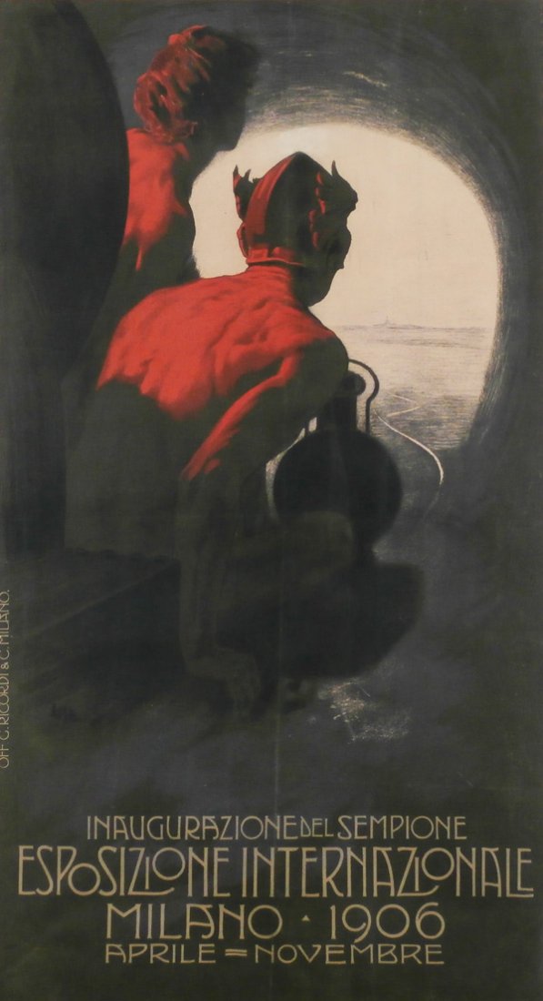 Leopoldo Metlicovitz (1868-1944) Italian: EXPOSITION INTERNATIONALE MILANO, 1906, color lithograph poster, 34 ¾ x 19”, signature in design, published by CM G. Ricordoi, framed, creases, folds as issued, otherwise in good condition, framed