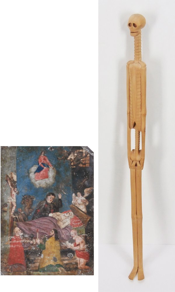 Mexican Retablo & folk art walking stick (two): SANTOS, oil painting on tin, 10 x 7”, in antiqued condition with a few small chips and losses revealing shiny tin underneath, rusting on verso; Together with a carved wood walking stick, 48 ¼” ta