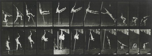 Eadweard Muybridge (1830-1904) & J.M. Powers (two): Eadweard Muybridge, ANIMAL LOCOMOTION, plate 104, gelatin silver print, copyright 1887, image 6 ¾ x 18”, full margins, framed with glass, “Y” shape tear in third frame from left, surface scrape