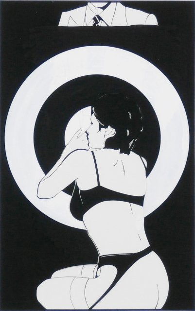Patrick Nagel (1945-1984) American: TARGET, PLAYBOY SERIES, 1980, black ink on illustration board, image 18 x 11 ¾”, board 26 x 20, additional hand-painted acetate overlay (photo illustration shown with and without acetate overlay),