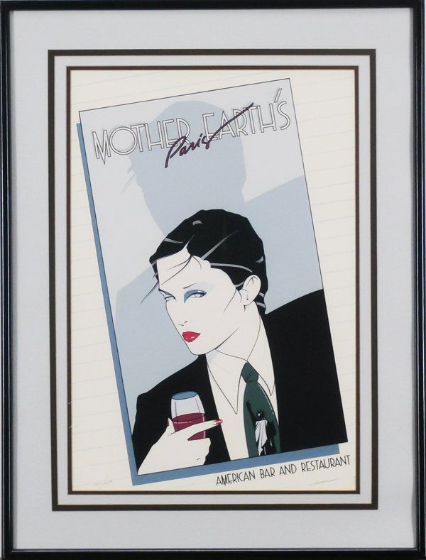 Patrick Nagel (1945-1984) American: MOTHER EARTH’S PARIS (D.5), lifetime color screenprint, signed in ink, from the numbered edition 250, sight 24 ½ x 16 ½”, framed, faint discoloration in unprinted areas, otherwise in apparently