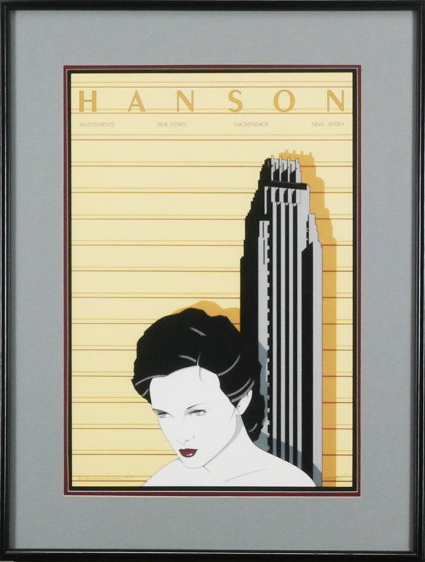 Patrick Nagel (1945-1984) American: HANSON (D.13), lifetime color screenprint, signed in pencil, from the numbered edition 250, sheet 25 x 17”, framed, in apparently good condition.