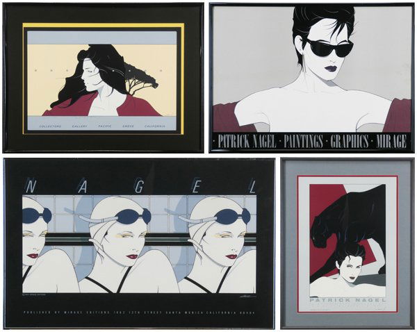 Patrick Nagel (1945-1984) American (four): COLLECTORS GALLERY (D.23); SWIMMERS (D.7); DYANSEN 57 (D.31); SUNGLASSES (black) (D.30), three color screenprints and one color solid plate lithograph, from the lifetime editions of 1000 to 1200 and (