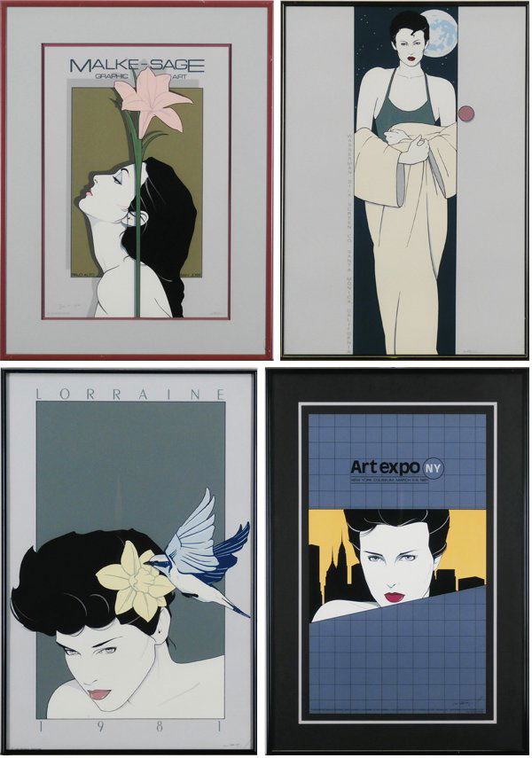 Patrick Nagel (1945-1984) American (four): MALKE SAGE GRAPHIC ART (D.16); WASSERMAN SILKSCREEN (D.15); LORRAINE (D.17); ART EXPO, NEW YORK, 1980, (D.20), three color screenprints and one solid plate lithograph, from the lifetime editions of 10
