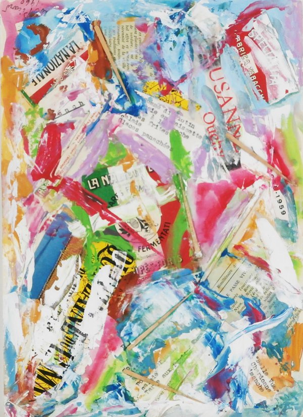 Lil Picard (1899-1994) American: LA NAZIONALE, 1960, acrylic painting and mixed media collage on paper, signed and dated lower right, 11 ½ x 8 ¼”, Sam Francis Estate stamp and inventory number on verso, in good studio condition.