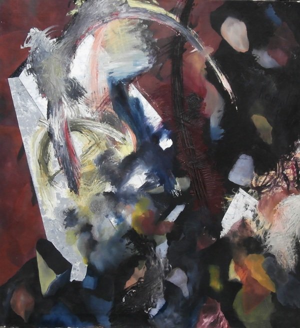 Reinhold (20th/ 21st Century) European: UNTITLED, 1986, acrylic painting on canvas, signed and dated upper right, signed and dated on verso, 59 ½ x 55 ½”, a few surface scuffs and scratches, craquelure mainly in maroon color with associ