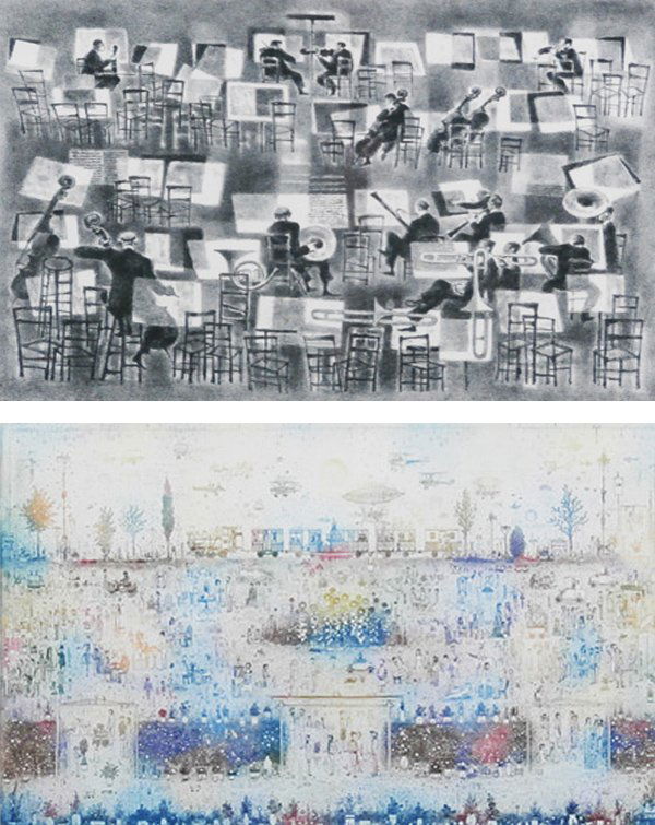 George Schreiber (1904-1977) & Arnold Gross (b. 1929) (: George Schreiber, MUSICAL INTERLUDE, lithograph, signed in pencil, image 10 x 13 ¾”, full margins, published by Associated American Artists, framed with glass; Together with Arnold Gross, TITLED, c