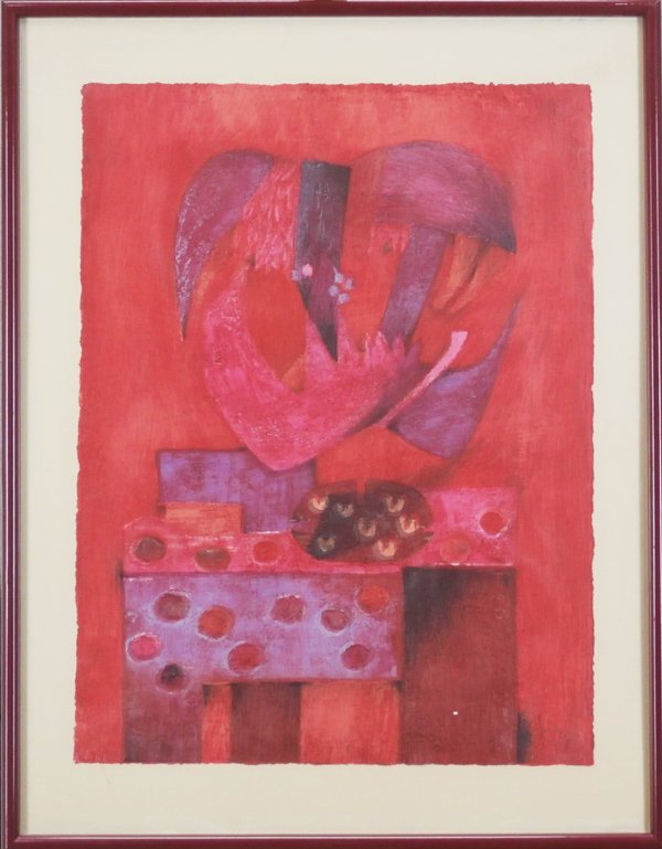 Fernando Szyslo (b. 1925) Peru: UNTITLED, color etching, signed in pencil, from the numbered edition 100, sheet 29 ½ x 22”, framed with glass, small nick with surface loss lower right, otherwise in apparently good condition.