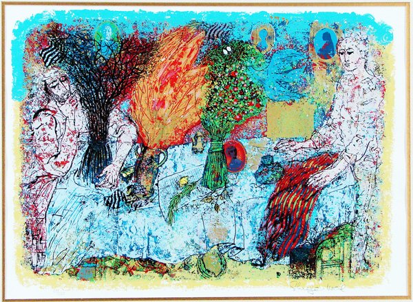 Shraga Weil (b. 1918) Czechoslovakian: REMEMBERING TRADITIONS, color screenprint, signed in pencil, from the numbered edition 200, image 16 ½ x 22 ½”, full margins, framed with glass.