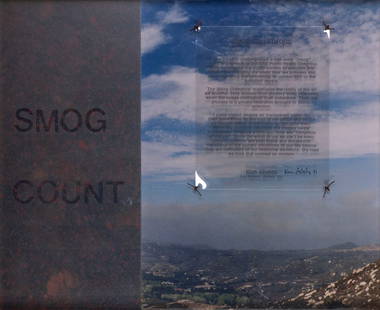 Kim Abeles  (b. 1952) California: SMOG COLLECTORS, 1991, mixed media three-dimensional construction, signed and dated lower center right, overall 15 &frac12; x 18 &frac12; x 2&rdquo; with plexiglass and with artist’s statement on ve