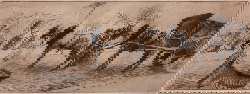 Edgar Chahine (1874-1947) Austrian Armenian: COIN DE RUE, QUARTIER DES GRANDES CARRIERES, 1901, etching, signed and numbered 11/40 in pencil, plate 6 ¾ x 18 ¼”, sheet 9 ¾ x 22 ¼”, mat 13 ½ x