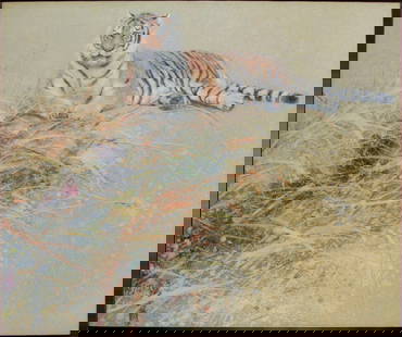 Hu Chi-Chung (1927-2012) Chinese California: TIGER, acrylic painting on canvas, signed lower left, signed or inscribed on verso, 40 x 48”, frame 41 x 49”. Provenance: Zantman Art Galleries Palm Desert & Carmel paid $2756 in 1985