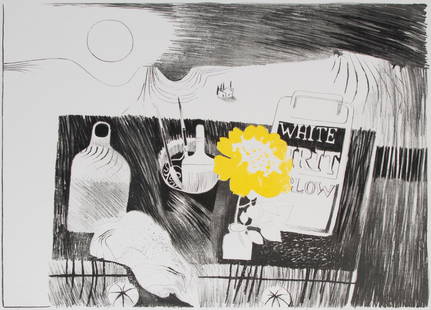 Mary Fedden (1915-2012) British: ETCHING TABLE, 1972, color lithograph, signed and numbered 60/70 in pencil, image 16 x 22 ¼”, sheet 22 ½ x 30 ½”. From the Monterey Museum of Art.