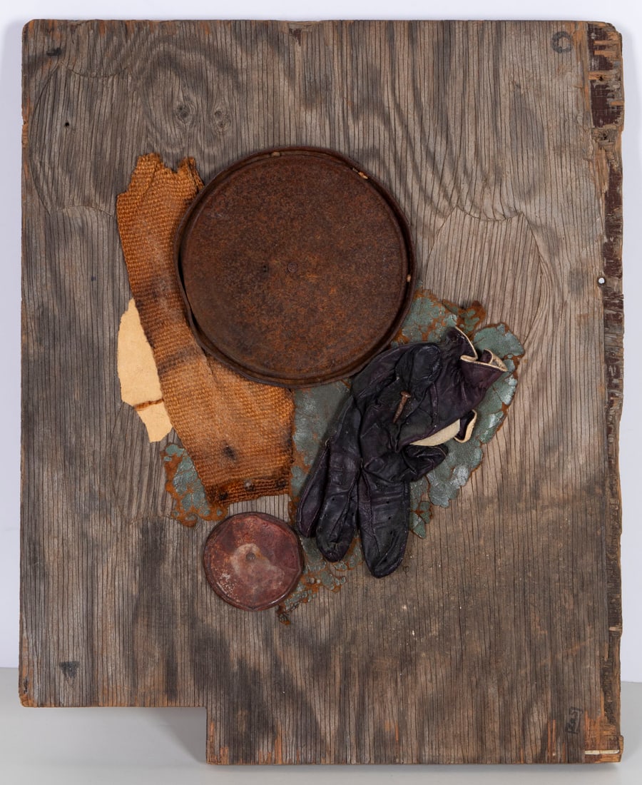 George Herms (b. 1935) California: UNTITLED (Black Glove), 1997, found objects assemblage mounted to wood, signed and dated and titled on back wood brace, overall 19 ¼ x 15 ¾ x 2 ¾”.