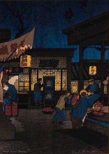 Elizabeth Keith (1887-1956) British: NIGHT SCENE PEKING, 1922, color woodblock print, signed in pencil lower right, initialed and dated and titled on block, sight 14 x 9 ¼”, sealed in mat 19 ¾ x 14 ½”. Fr