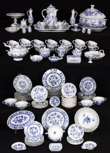 Meissen Blue Onion porcelain (approximately ninety-eight): Meissen porcelain service with Blue Onion pattern, dishware and serving dishes collected over time with various hallmarks. (approximately 98)