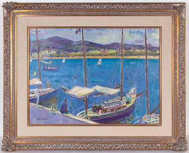 Jose Amat Pages  (1901-1991) Spanish: YATES EN EL PUERTO, 1980, oil painting on canvas, signed lowe left, 19 &frac34; x 25 &frac12;&rdquo;, frame 29 x 35 with some losses.