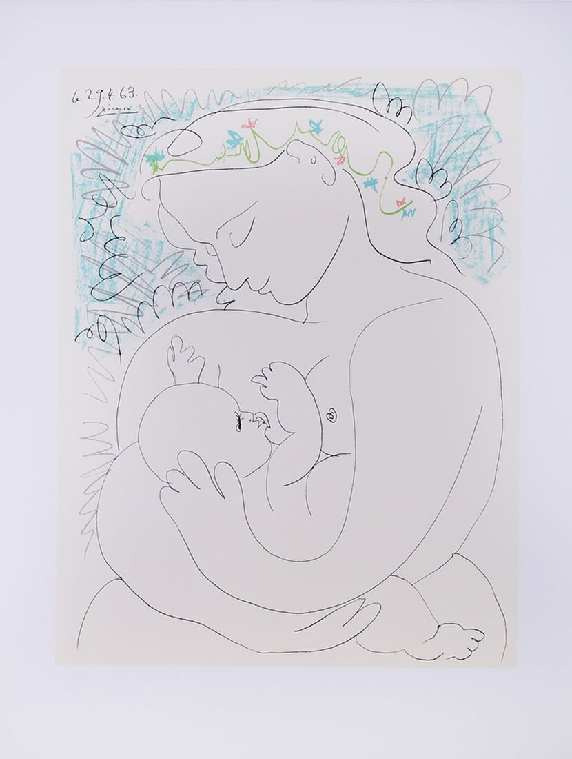 after Pablo Picasso (1881-1973) Spanish: MATERNITE, color litho/print, Editions Combat Pour la Paix/ copyright SPADEM Paris blind stamp lower right, sheet 25 ½ x 19 ½”.