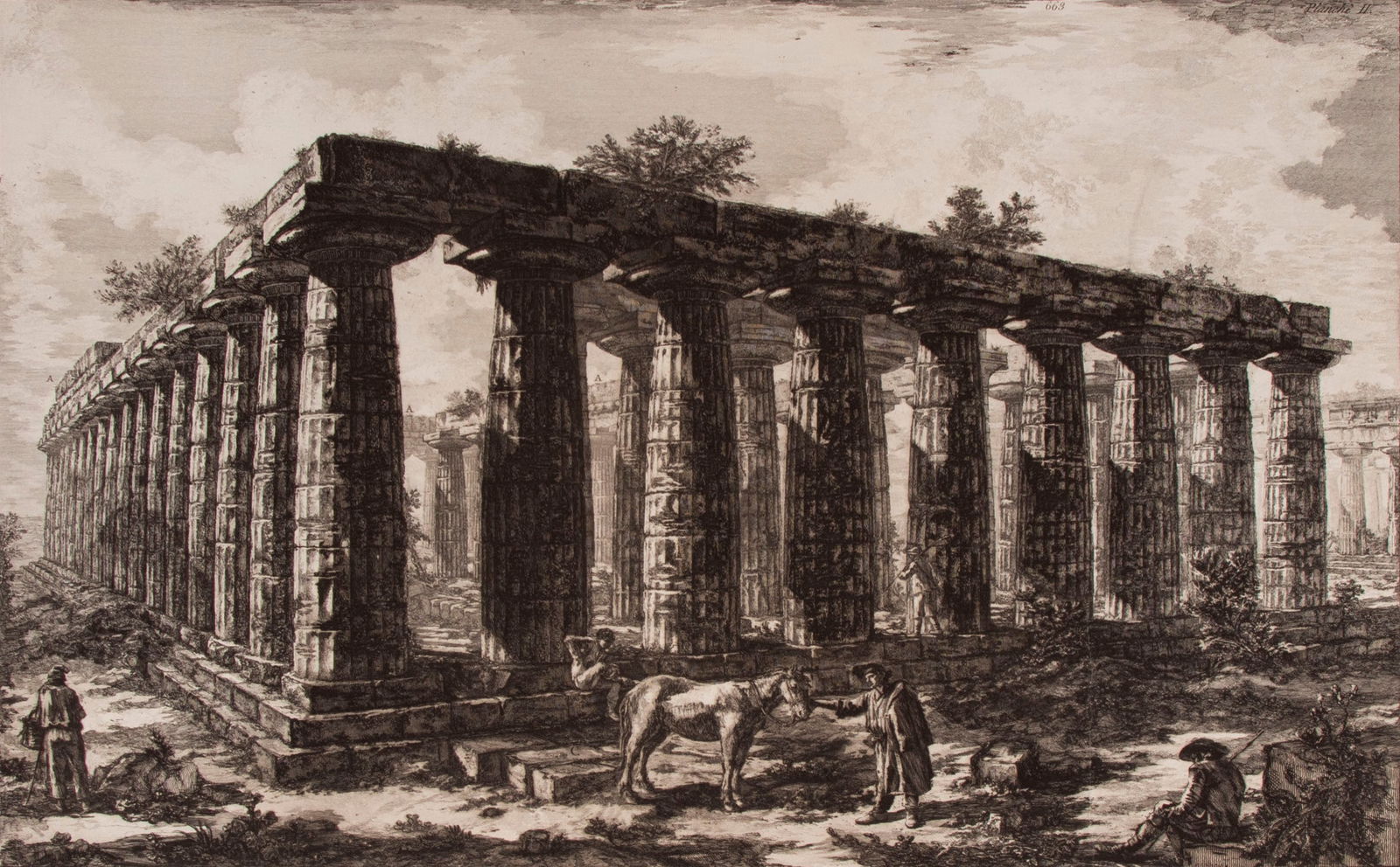 Francisco Piranesi (1758-1810) Italian: VUE DES RESTES D’UNE GRANDE ENCEINTE DE COLONES, engraving, signature in design with text and inscriptions, circular blind stamp lower right, image 17 ½ x 26 ¾”, sheet 24 ¾