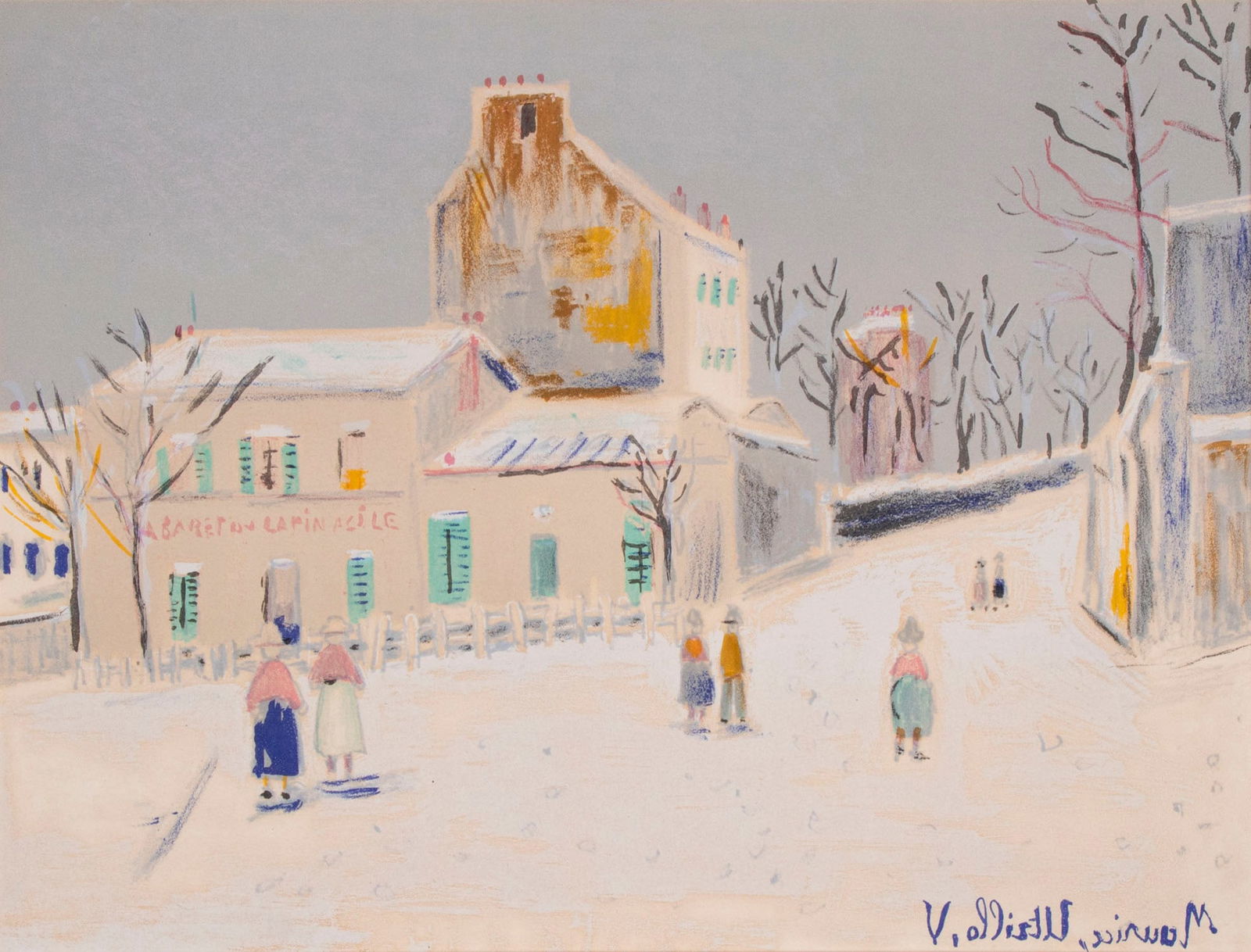 Maurice Utrillo (1883-1955) French: LAPIN AGILE, color lithograph, signature in design in reverse lower right, stamped Made in France on verso, sheet 12 ½ x 16”, mat 19 x 22 ½”. From the Monterey Museum of Art.