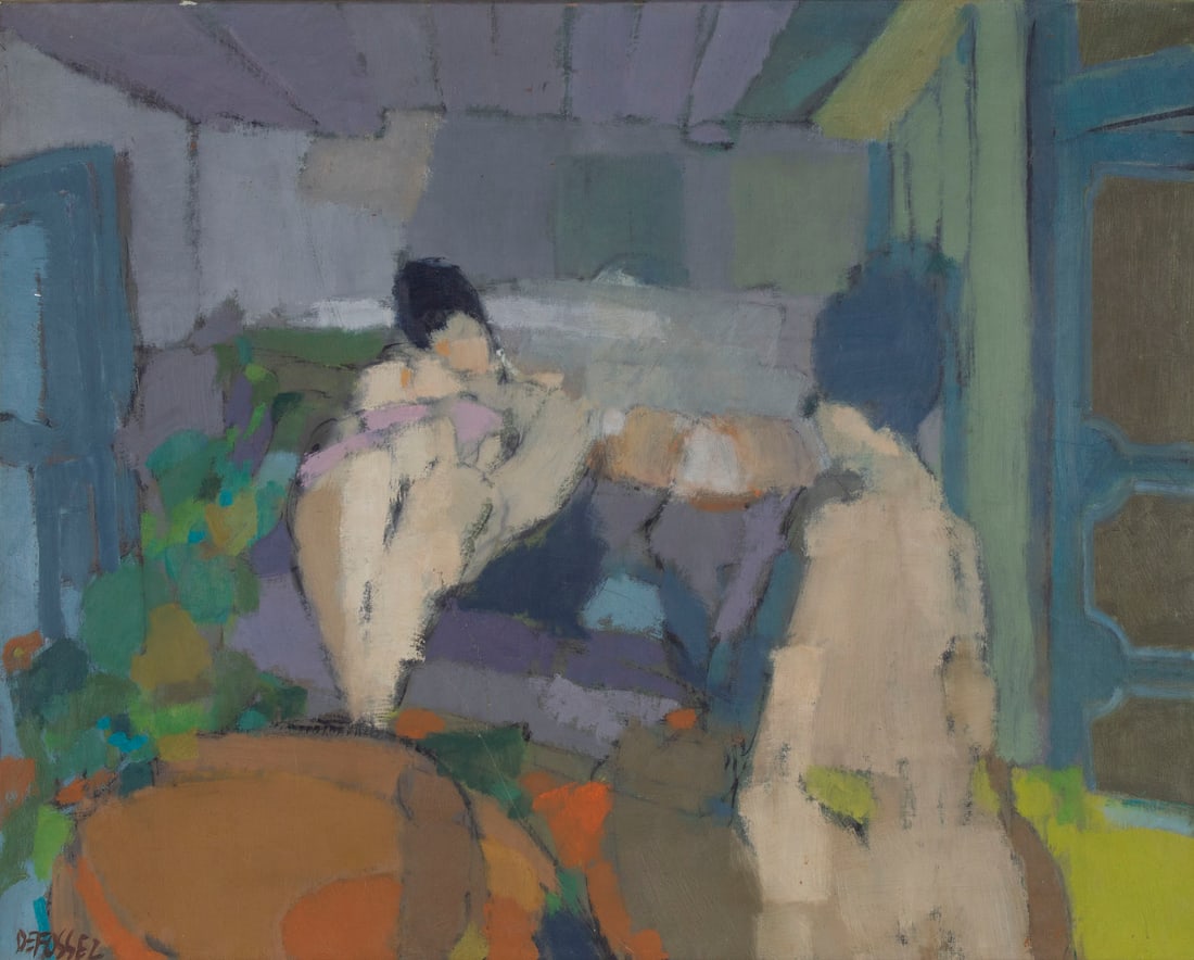 Alfred DeFossez (b. 1932) French: DEUX FEMMES, 1975, oil painting on canvas, signed lower left, 26 x 32” including metal frame. Provenance: Gabrielle DeFossez, the artist’s daughter. Illustrated in Defossez, Paintings and Lith