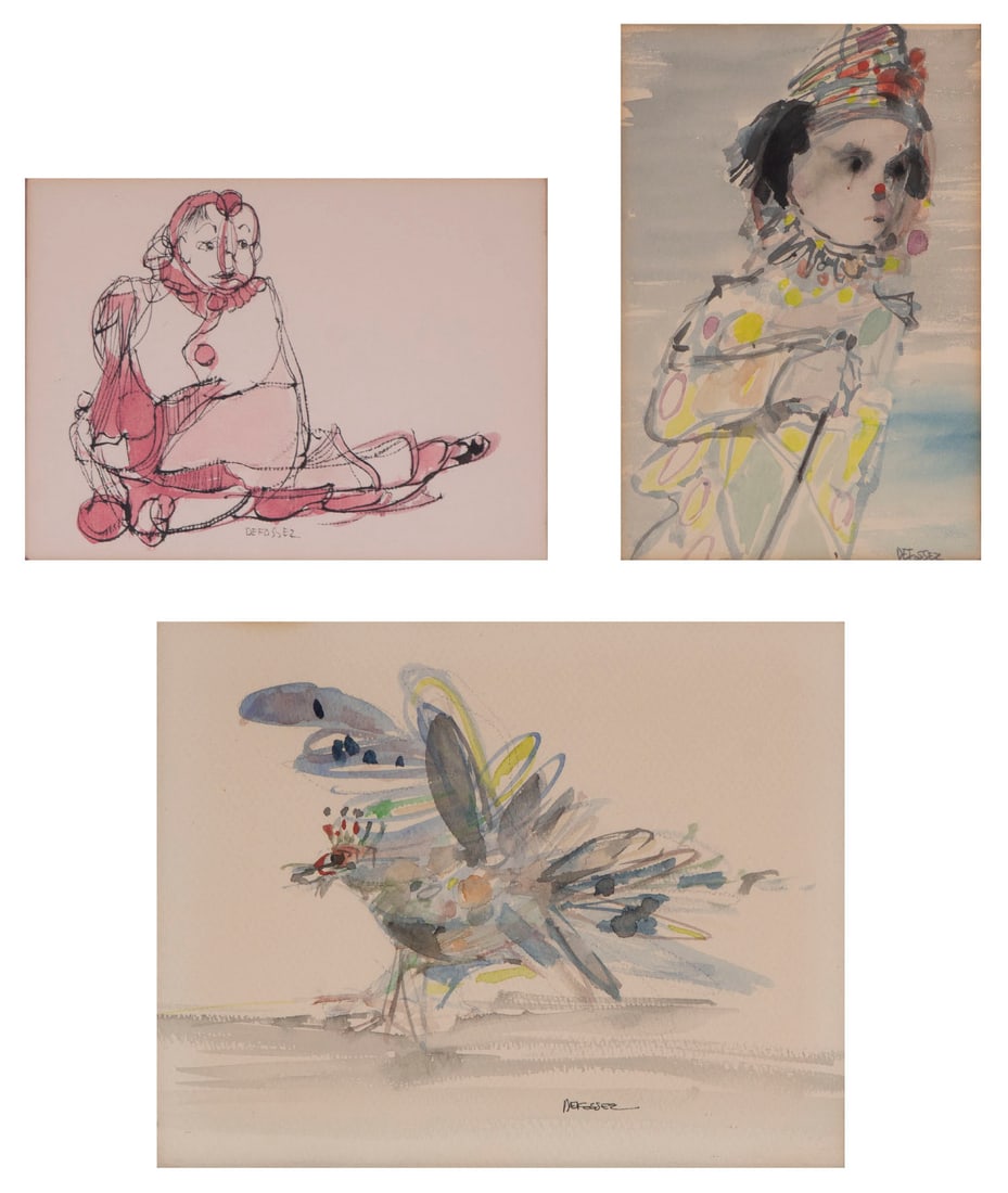 Alfred DeFossez (b. 1932) French (three): SEATED CLOWN, watercolor on paper, signed lower center, sight 5 x 7”, frame 10 ¾ x 12 ¾” with glass; BIRD FLAPPING WINGS, watercolor on paper, signed lower center right, sigh