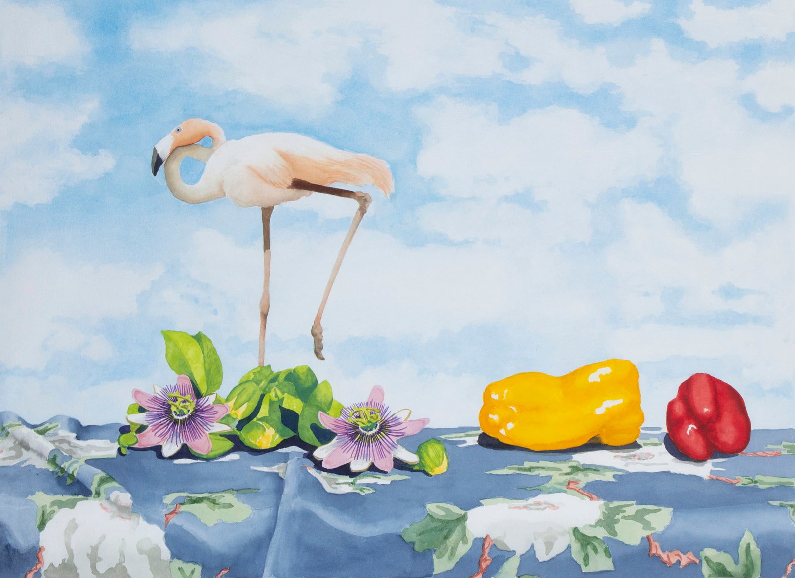 Richard Ewen (20 th Century) Texas: PEPPERS, PASSION FLOWERS, AND FLAMINGO, 1991 watercolor on paper, signed and dated and titled in pencil, image 24 x 34”, frame 30 ¾ x 40 ¾” with plexiglass.