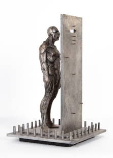 Theodor Gall  (20 th  Century) Ojai California: STANDING MAN, 1992, aluminum sculpture, signed and dated and stamped 2-10 at base, mounted on wood base, overall 16 &frac34; x 10 x 10&rdquo;, weight 11 lbs.