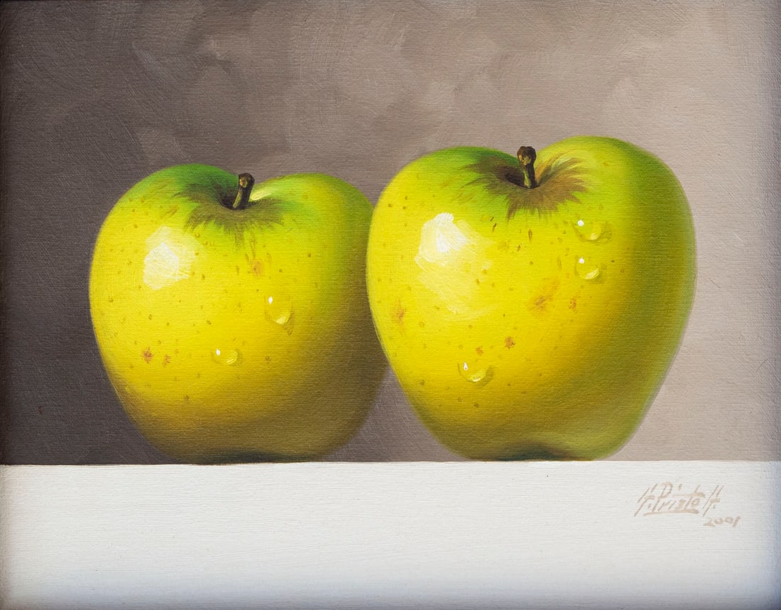 Guillermo Prieto Garcia (late 20 th Century) & another (20 th Century) Mexico (two): APPLES, 2001, oil painting on canvas, signed and dated lower right, label on verso, 8 x 10”, frame 17 ½ x 19 ½ x 22 ½”; Together with NACE UN POETA LLEVE UNA FLOR, 198