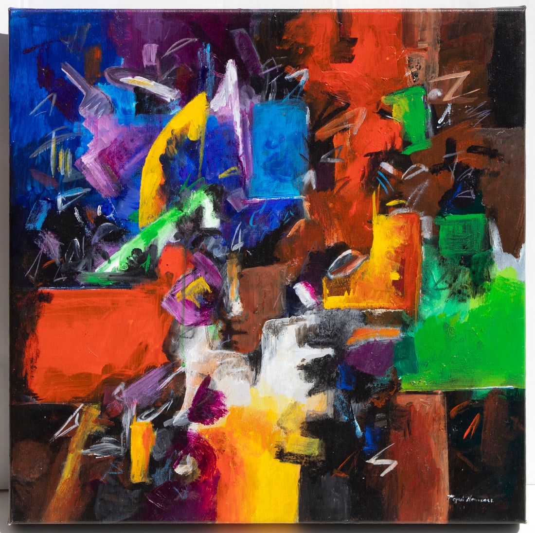 Tomas Herrera C. (20 th Century) Latin American: LUZ Y COLOR VI, acrylic painting on canvas, signed on lower right, signed on verso, 19 ¾ x 19 ¾”, with artist’s label on verso.