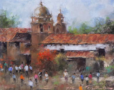 Ramon Kelley  (b. 1939) Colorado Wyoming: CARMEL MISSION, color pastel on paper or board, signed lower right, sight 7 &frac12; x 9 &frac34;&rdquo;, frame 12 x 14&rdquo; with glass, signed and titled and dedicated on verso. Priced at $5500. Pr