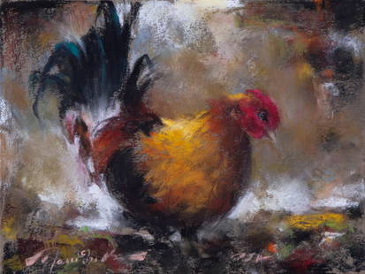 Ramon Kelley  (b. 1939) Colorado Wyoming: LITTLE BOSS ROOSTER, color pastel on paper or board, signed lower left, sight 6 x 8&rdquo;, frame 16 x 18&rdquo; with glass, signed and titled and dedicated on verso. Provenance: Acquired directly fro