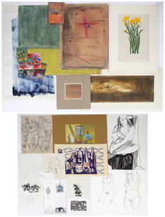 Fernando Mercado (9), Roger Derieux, Remigius Netzer & others, Collection (twenty-six): VARIOUS: collection of watercolors, drawing, ink washes, woodcuts, etchings and lithographs, greeting and holiday cards, most signed, sizes from 35 x 23” to 5 ¾ x 6 ¼”. (26)
