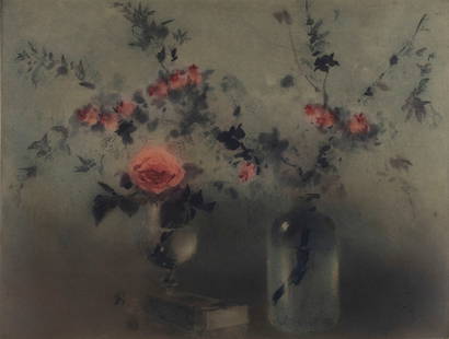 Kaiko Moti  (1921-1989) India: STILL LIFE WITH RED FLOWERS, color etching, signed and numbered 15/120 in pencil, plate 17 x 22 &frac14;&rdquo;, full margins, frame 30 x 34 &frac12;&rdquo; with glass.