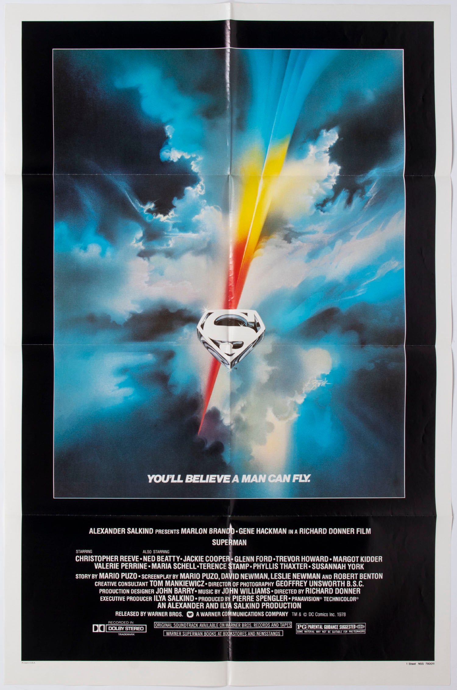 Superman The Movie Poster (two): SUPERMAN, You’ll Believe A Man Can Fly, 1978, one-sheet, 41 x 27” with folds as issued, artwork by Bob Peak, Warner Brothers, story by Mario Puzo, directed by Richard Donner, starring Marlon B