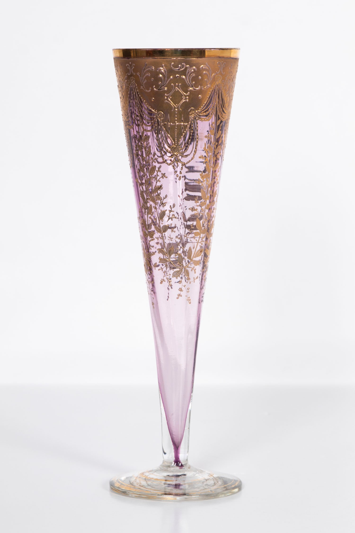 Bohemian Glass Vase: Tall tapered color glass vase with gilding and gold overlay, 10 ½” tall.