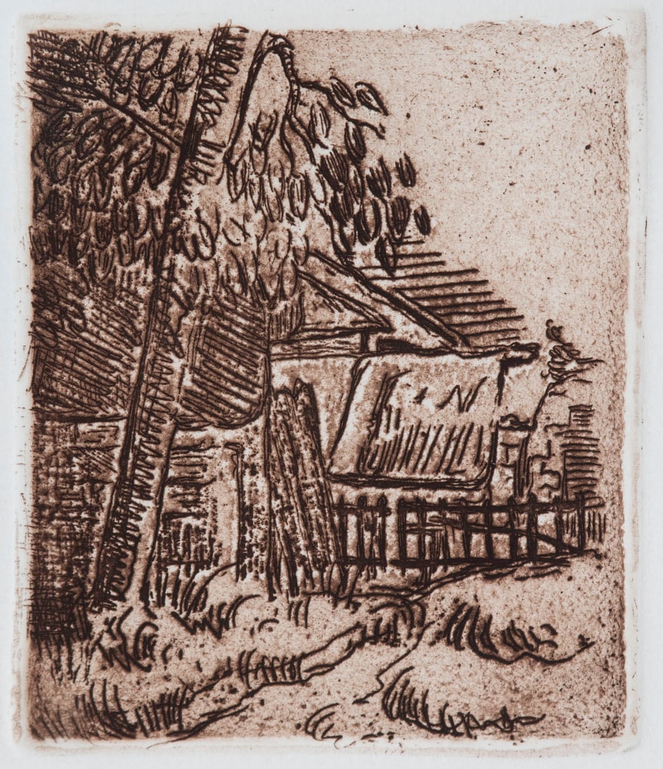 Paul Cezanne (1839-1906) French: PAYSAGE a AUVERS (Landscape in Auvers), 1873, etching from a later edition, edition size unknown, beveled plate 5 x 4 ¼”, full margins, frame 16 x 14 ¼” with glass. From the