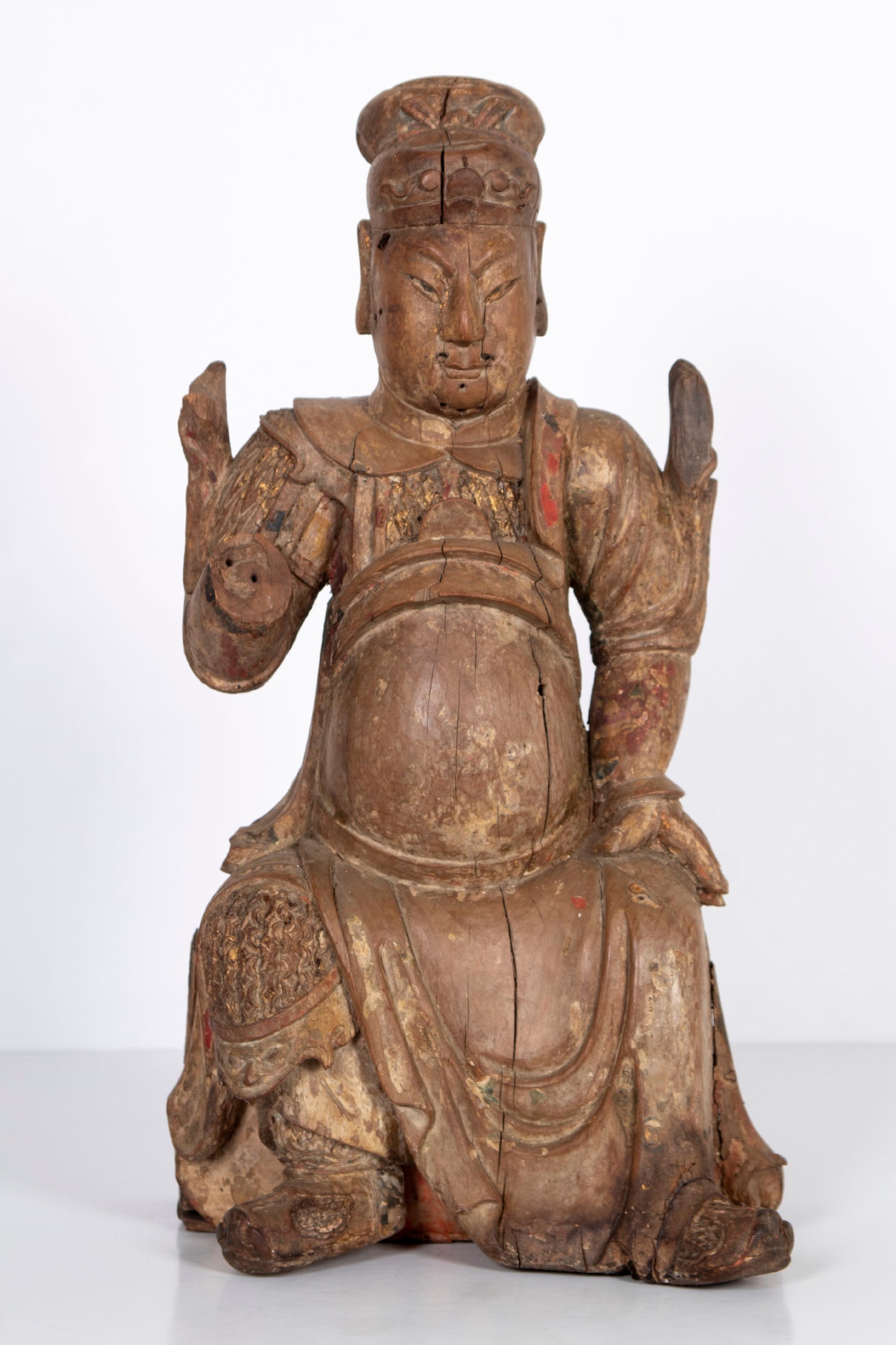 Chinese Statue Lord Guan: Carved wood statue with very little paint remnants, 17 ¼ x 9 x 7 ½”. From the Richard Miles Collection, author of the Paul Jacoulet Catalogue Raisonne.